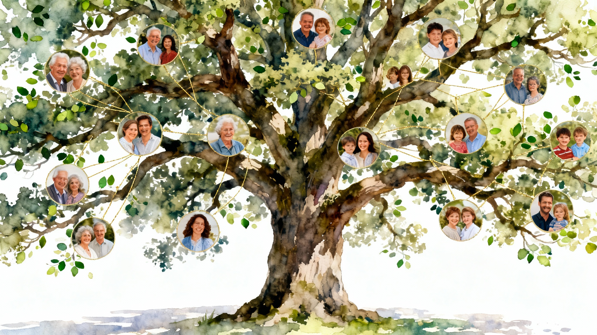 A mockup of a family tree photo collage, showing an elegant tree with circular portraits of family members on its branches, set against a white background.