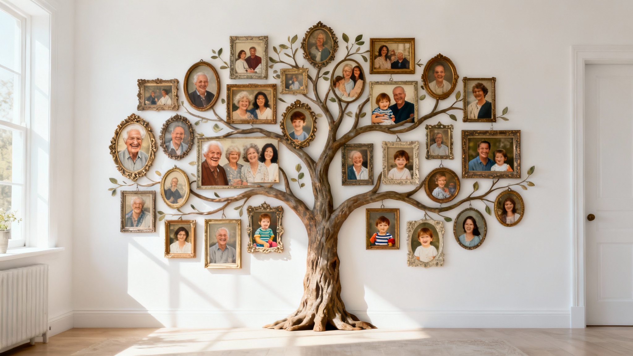 A photorealistic image of a family tree as a piece of art, with vintage-style photos of a multi-generational family hanging from its branches, set against a plain white background.