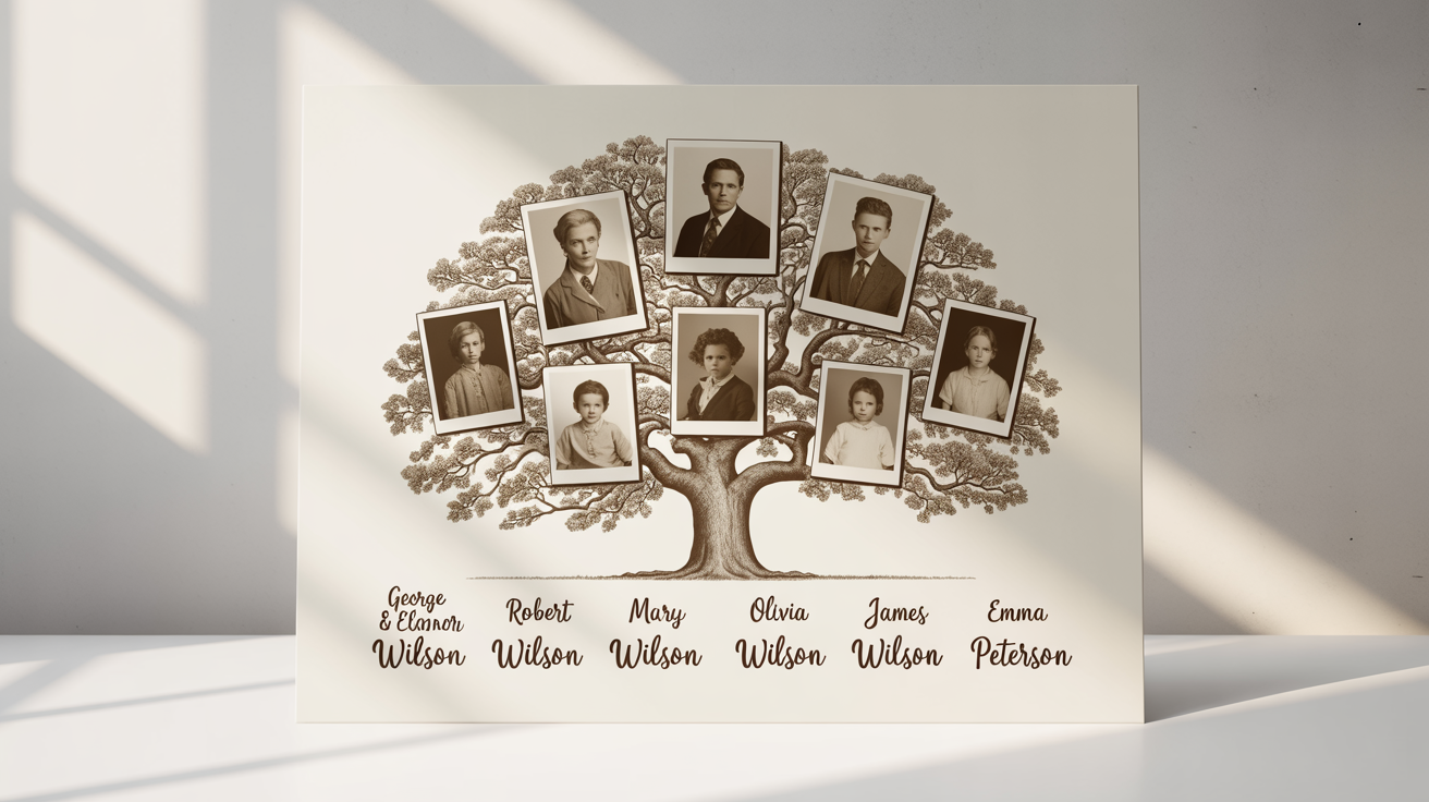 A mockup of a beautifully designed family tree chart on a white background, featuring an illustrated oak tree with vintage sepia photos and names of family members from different generations.