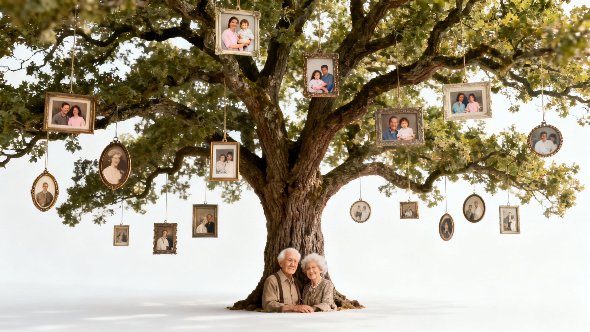 A conceptual photo of a family tree, showing an oak tree with framed portraits of multiple family generations hanging from its branches against a clean white background.