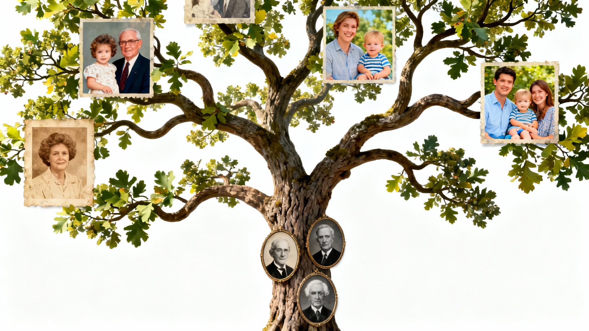 A stylized digital illustration of an oak tree against a white background, with its branches holding photographs of a family through different generations, from vintage sepia photos at the bottom to modern color photos at the top.