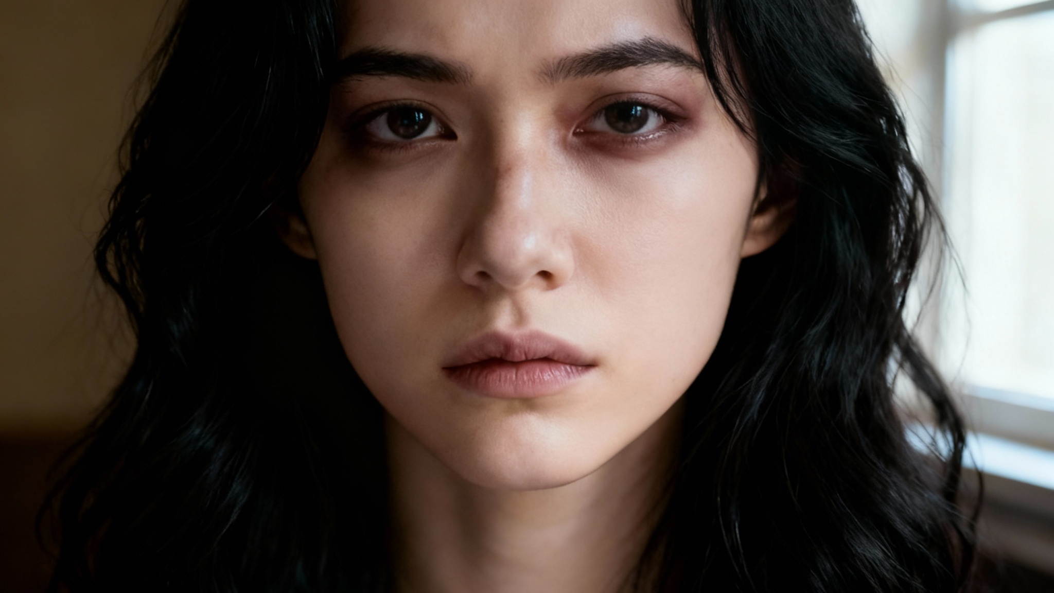 A photorealistic portrait of a young woman with clear, unblemished skin on her cheek, showing the final result after using a bruise editor tool to remove an injury from the photo.