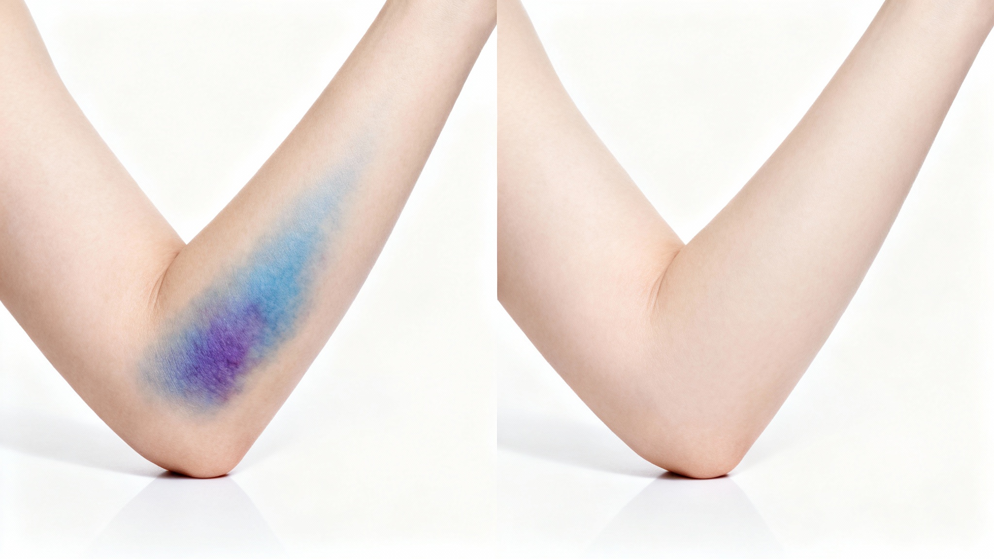 A before-and-after comparison image. The left side shows an arm with a noticeable bruise, and the right side shows the same arm with clear, unblemished skin, demonstrating the effect of a bruise editor.