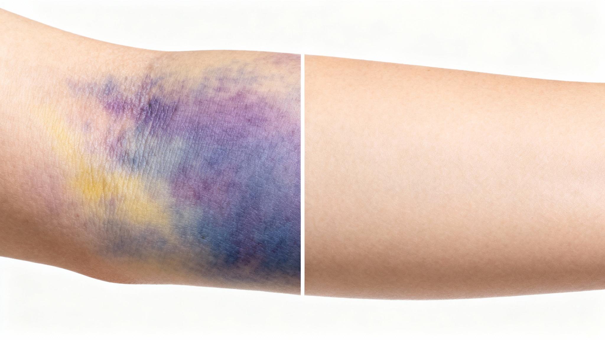 A before-and-after image showing a bruise on an arm on the left side, and the same arm with clear, unblemished skin on the right side, demonstrating a bruise removal effect.