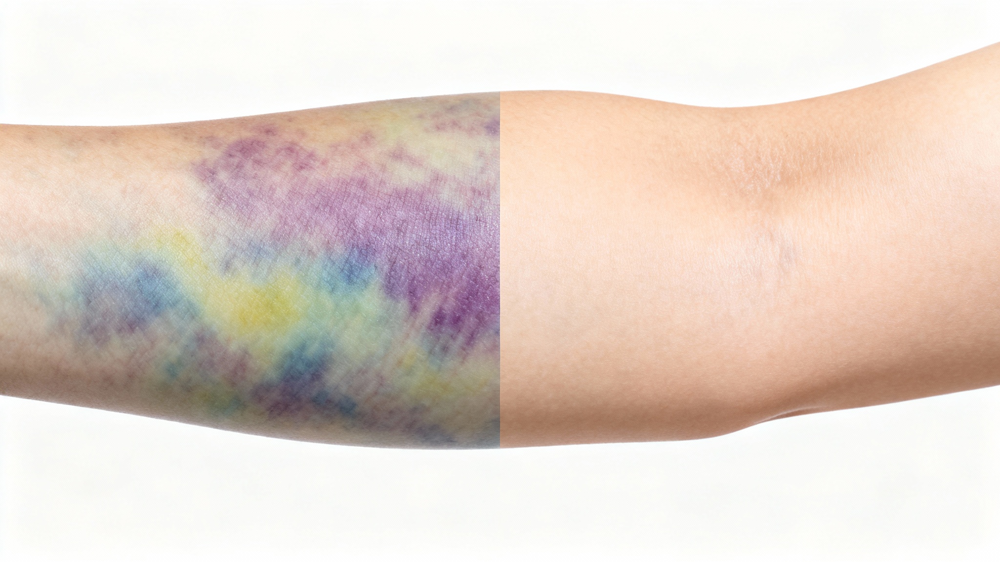A close-up image demonstrating a bruise editor's effect: one half of the arm shows a prominent bruise, while the other half shows the same skin completely clear and healed.