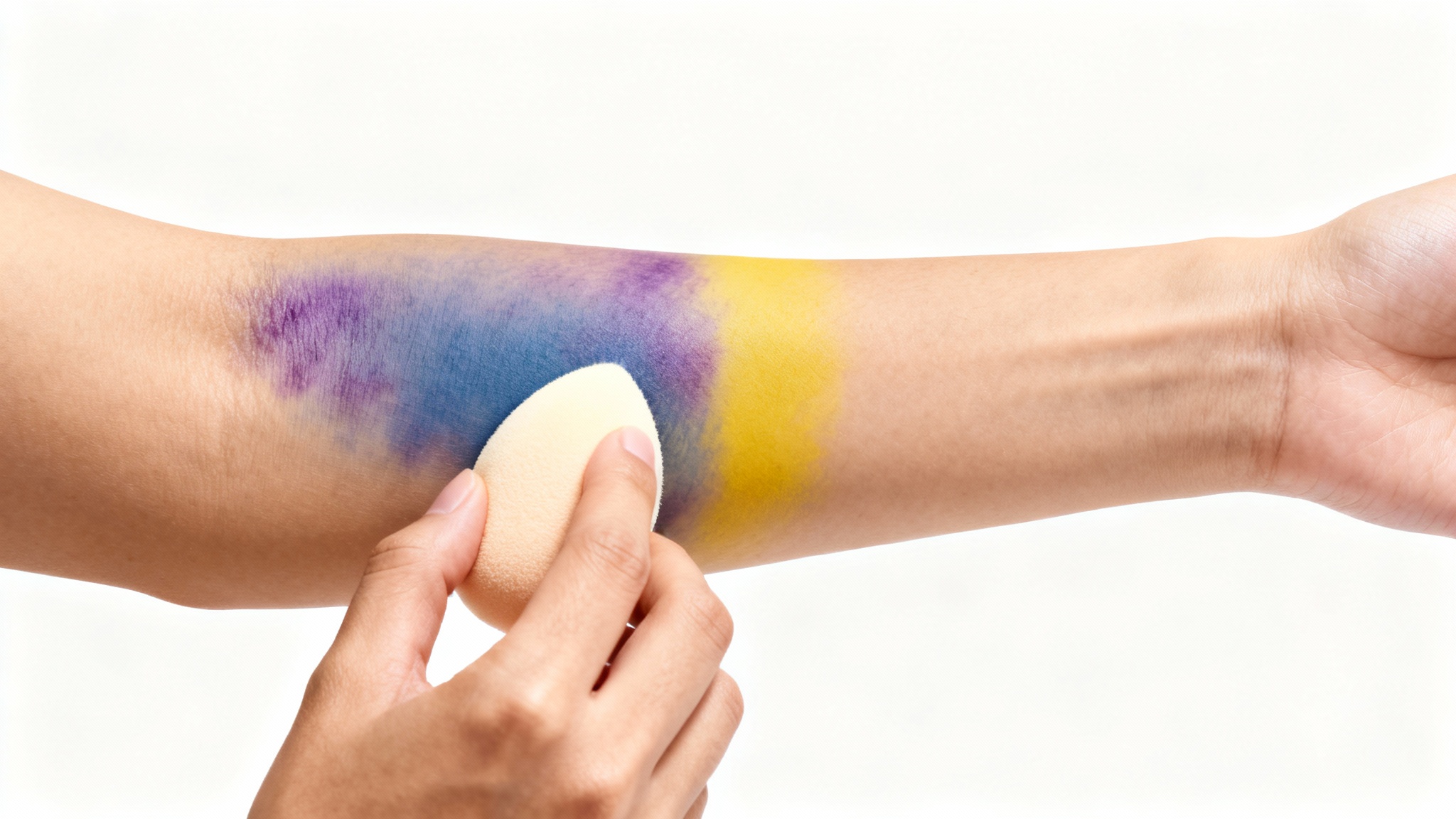 A close-up photorealistic image of a bruise on an arm being concealed. Half of the bruise is visible, while the other half is perfectly blended into the natural skin tone, creating a clear before-and-after effect on a white background.