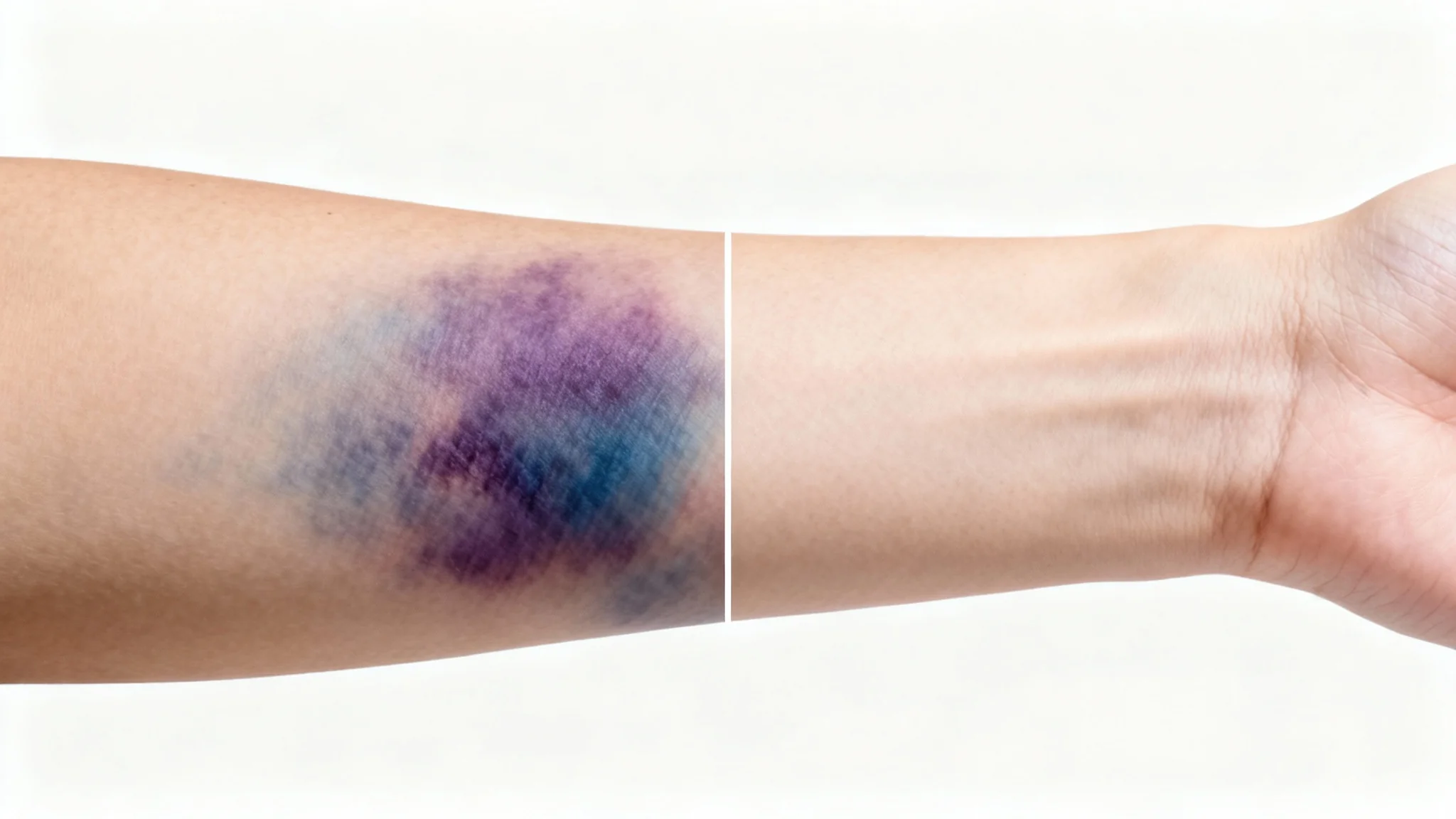 A conceptual image showing an arm split in half. The left side is heavily bruised in purple and blue, while the right side is perfectly clear and smooth, illustrating the effect of a bruise editor tool.