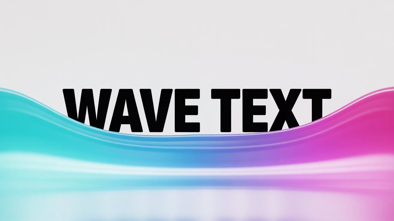 A graphic design showcasing the 'wave text' effect. The words 'WAVE TEXT' are written in a bold, colorful gradient and warped into a flowing wave shape against a plain white background.