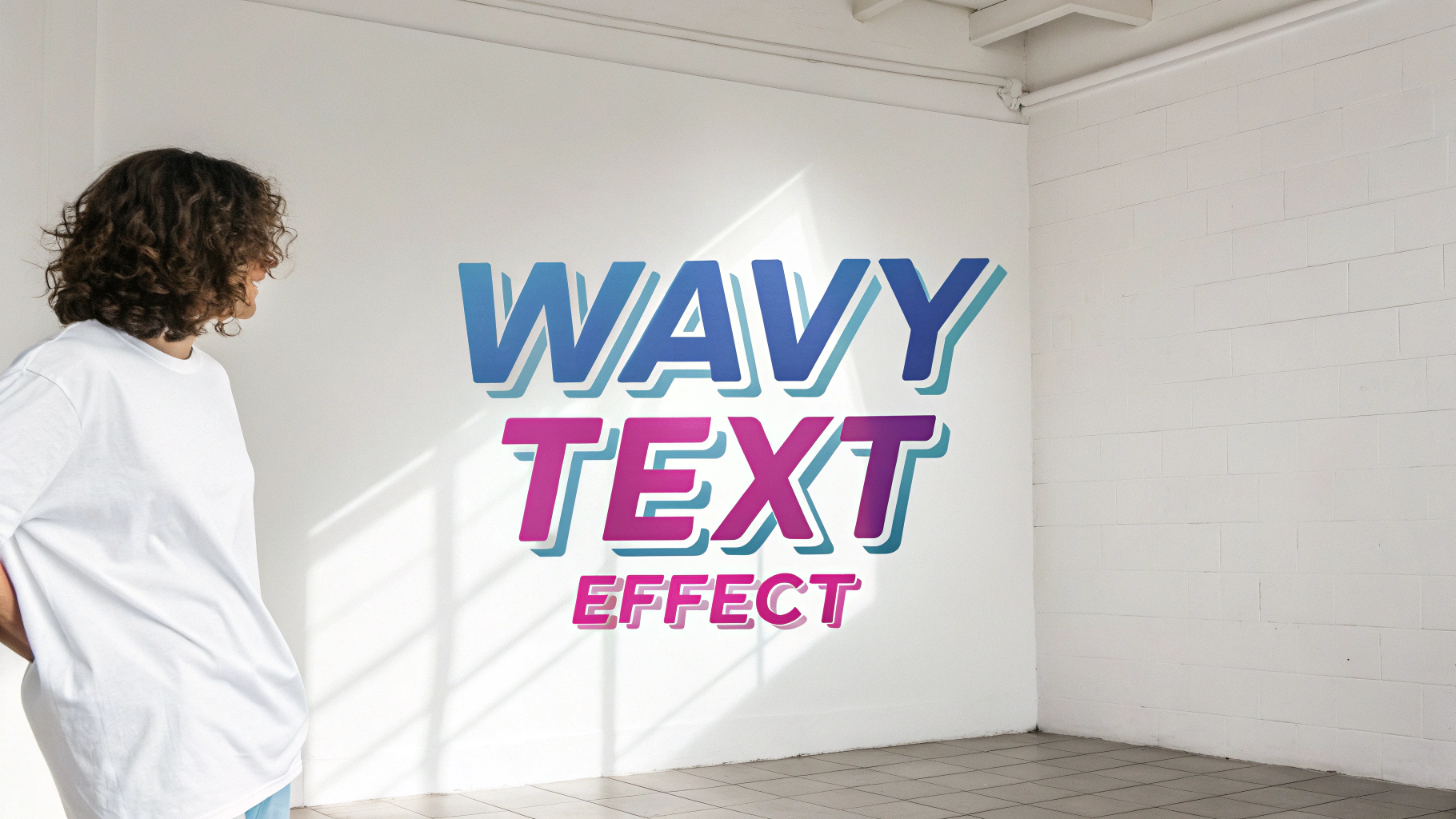 A graphic design showcasing a 'wave text' effect, with the words 'WAVY TEXT EFFECT' written in a colorful gradient and shaped into a flowing wave on a white background.