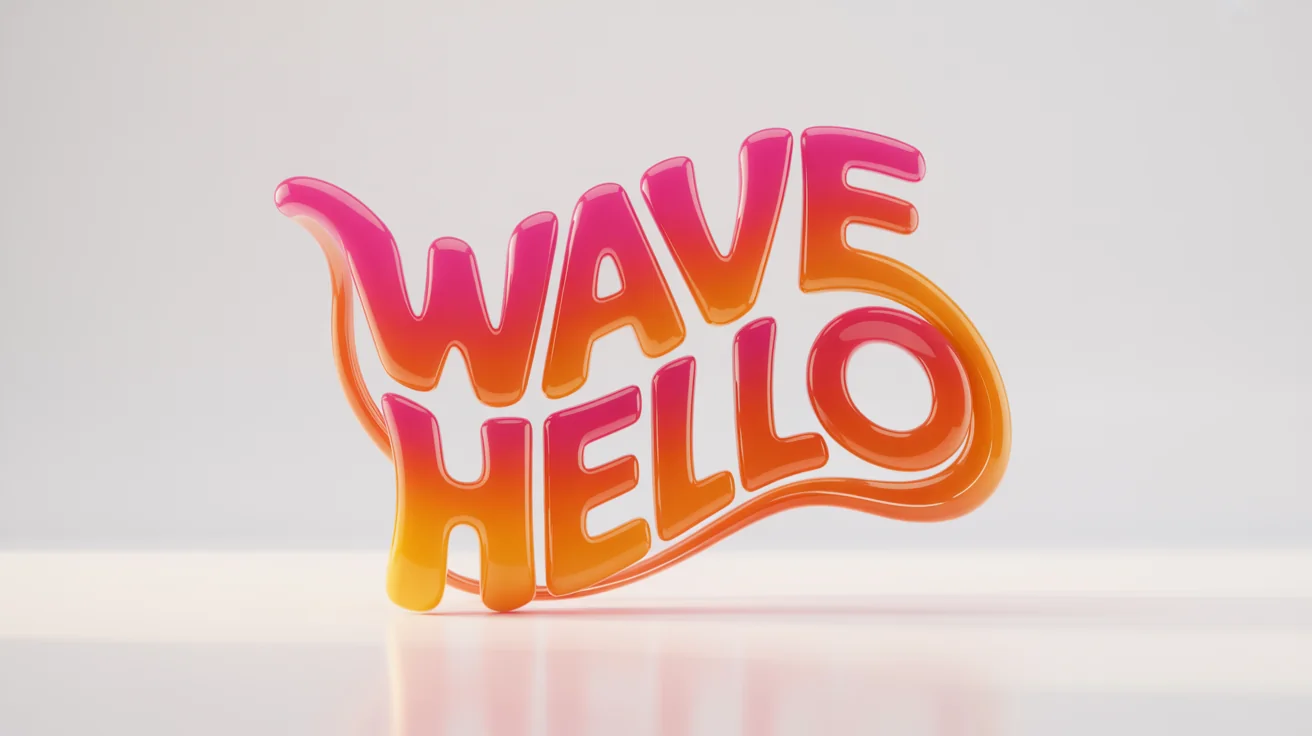A 3D rendering of the words 'WAVE HELLO' in a pink and orange gradient, distorted into a smooth, horizontal wave shape against a plain white background, demonstrating a wave text effect.