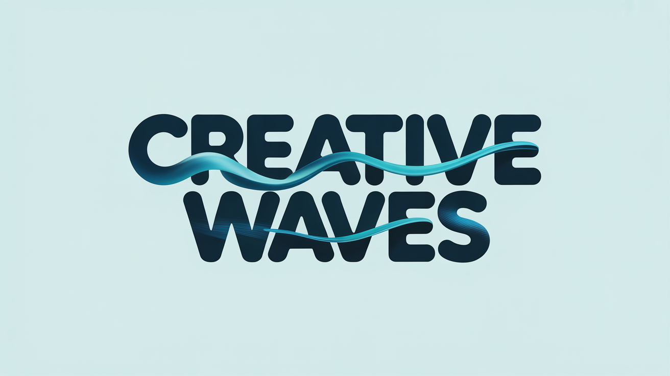 A graphic design mockup showing the words 'CREATIVE WAVES' distorted into a smooth wave shape. The text has a blue and turquoise gradient and is set against a plain white background.