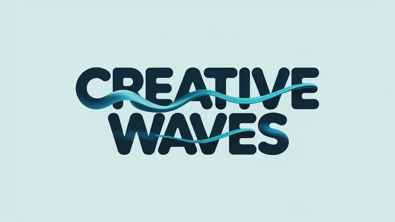 A graphic design mockup showing the words 'CREATIVE WAVES' distorted into a smooth wave shape. The text has a blue and turquoise gradient and is set against a plain white background.
