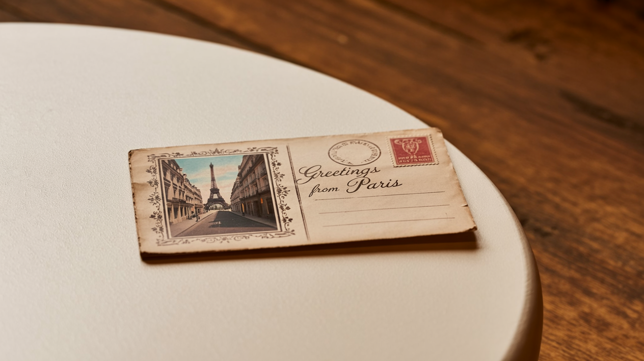 A finished vintage-style postcard from Paris, featuring a faded image of the Eiffel Tower, decorative borders, and the text 'Greetings from Paris'.