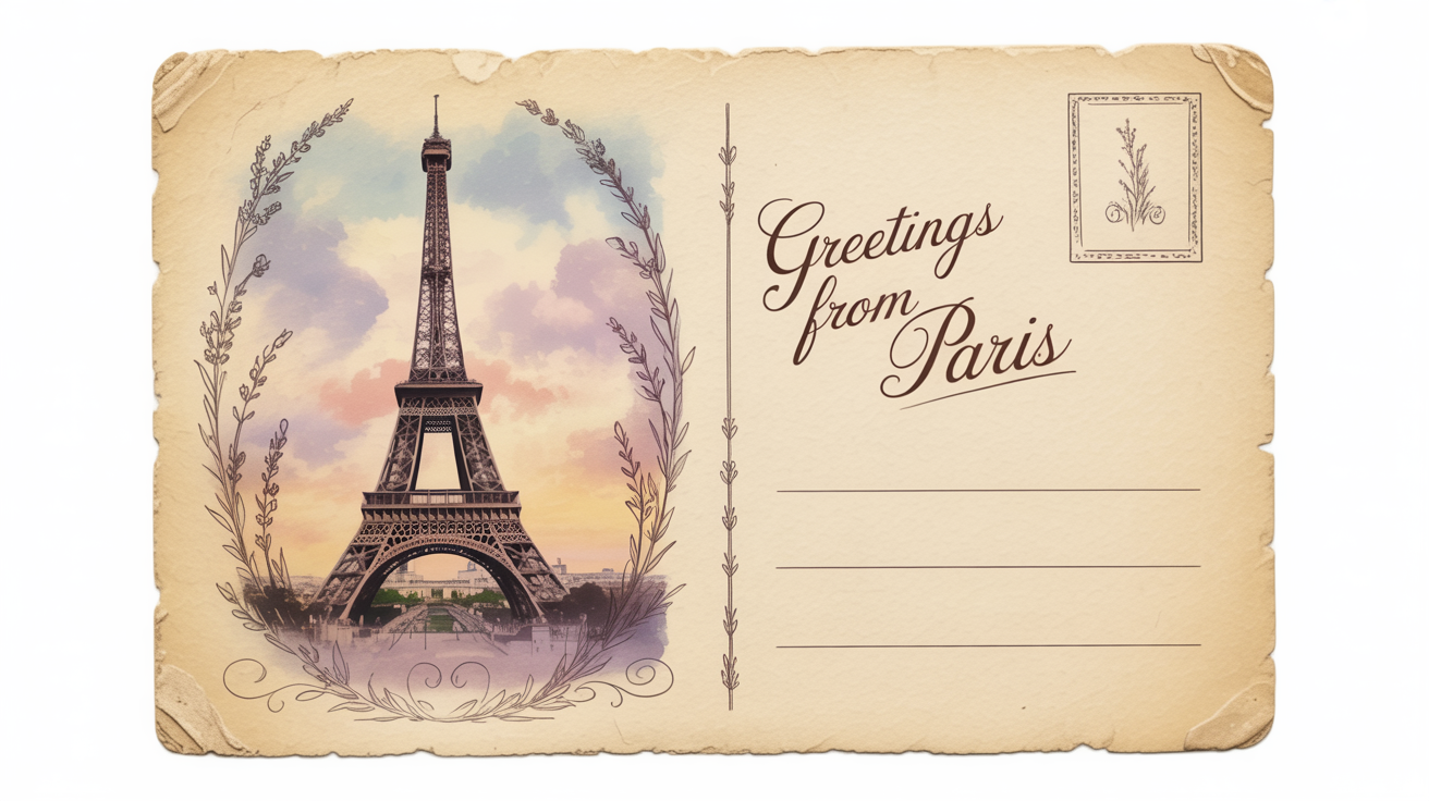 A vintage-style postcard with a faded illustration of the Eiffel Tower, laid on a white surface. The postcard has yellowed edges and says 'Greetings from Paris'.