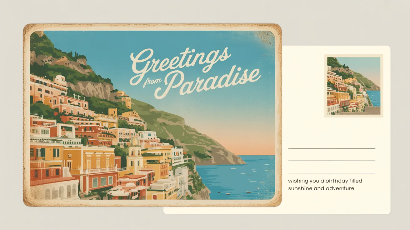 A vintage postcard mockup featuring a colorful illustration of a European seaside village and the text 'Greetings From Paradise', set against a clean white background.