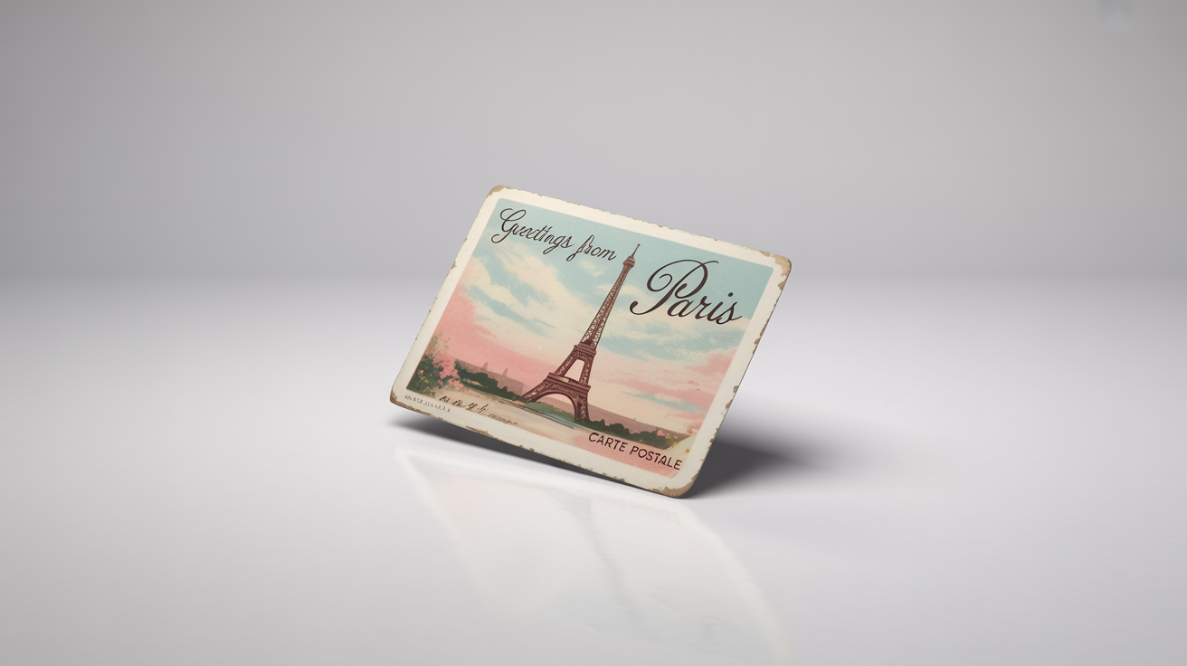 A photorealistic mockup of a single vintage postcard from Paris featuring an illustration of the Eiffel Tower, with the words 'Greetings from Paris' and 'Carte Postale', set against a plain white background.