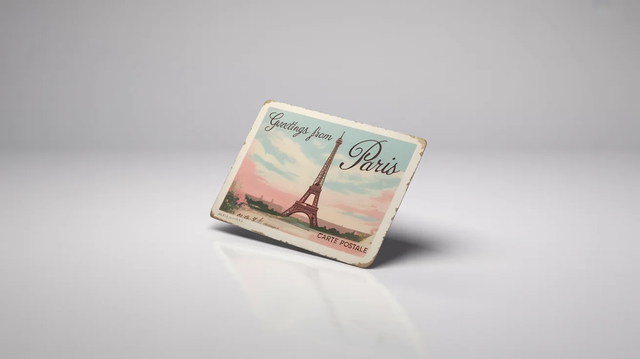 A photorealistic mockup of a single vintage postcard from Paris featuring an illustration of the Eiffel Tower, with the words 'Greetings from Paris' and 'Carte Postale', set against a plain white background.