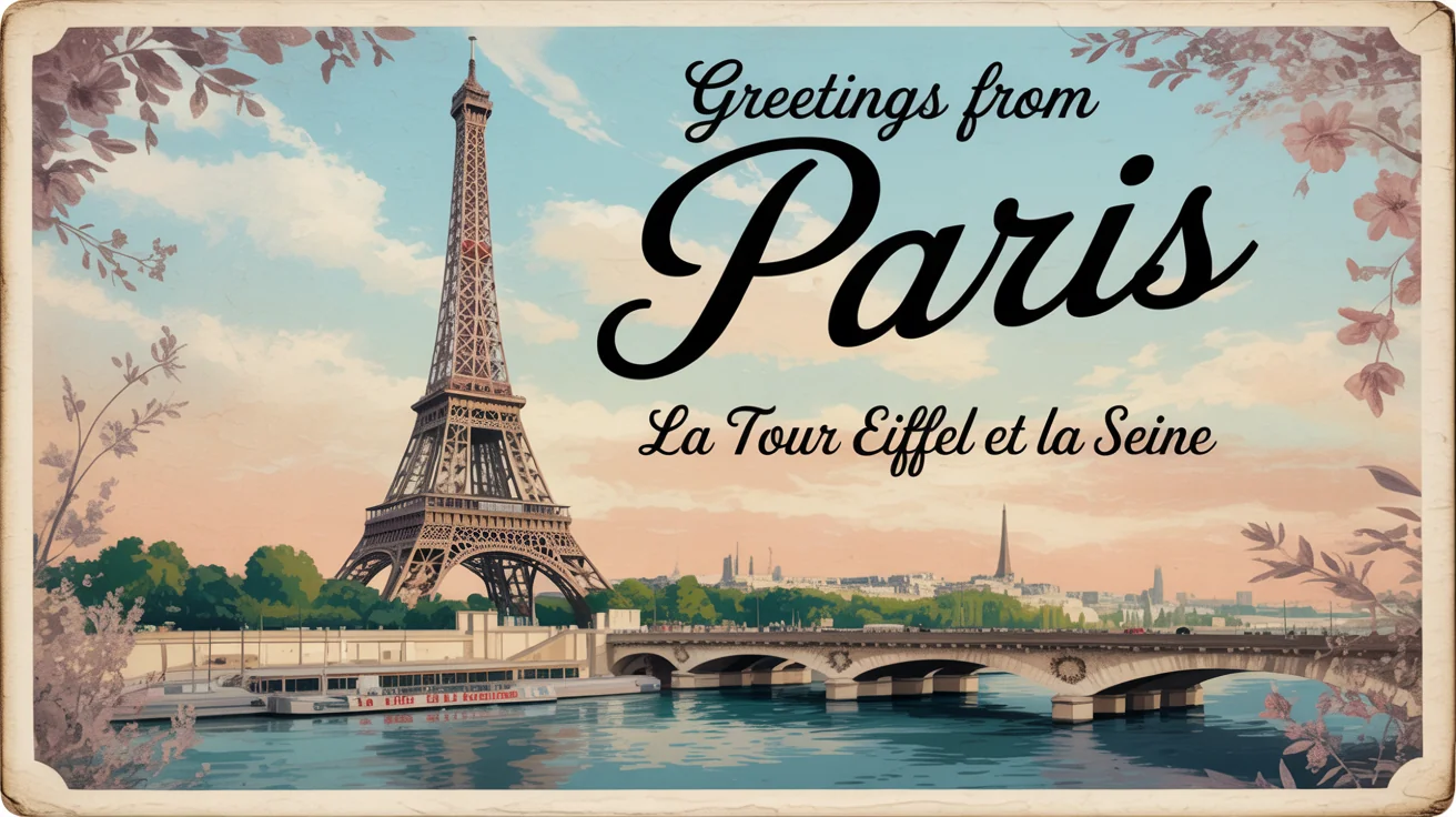 A vintage-style postcard mockup with an illustration of the Eiffel Tower and the text 'Greetings from Paris', set against a white background.