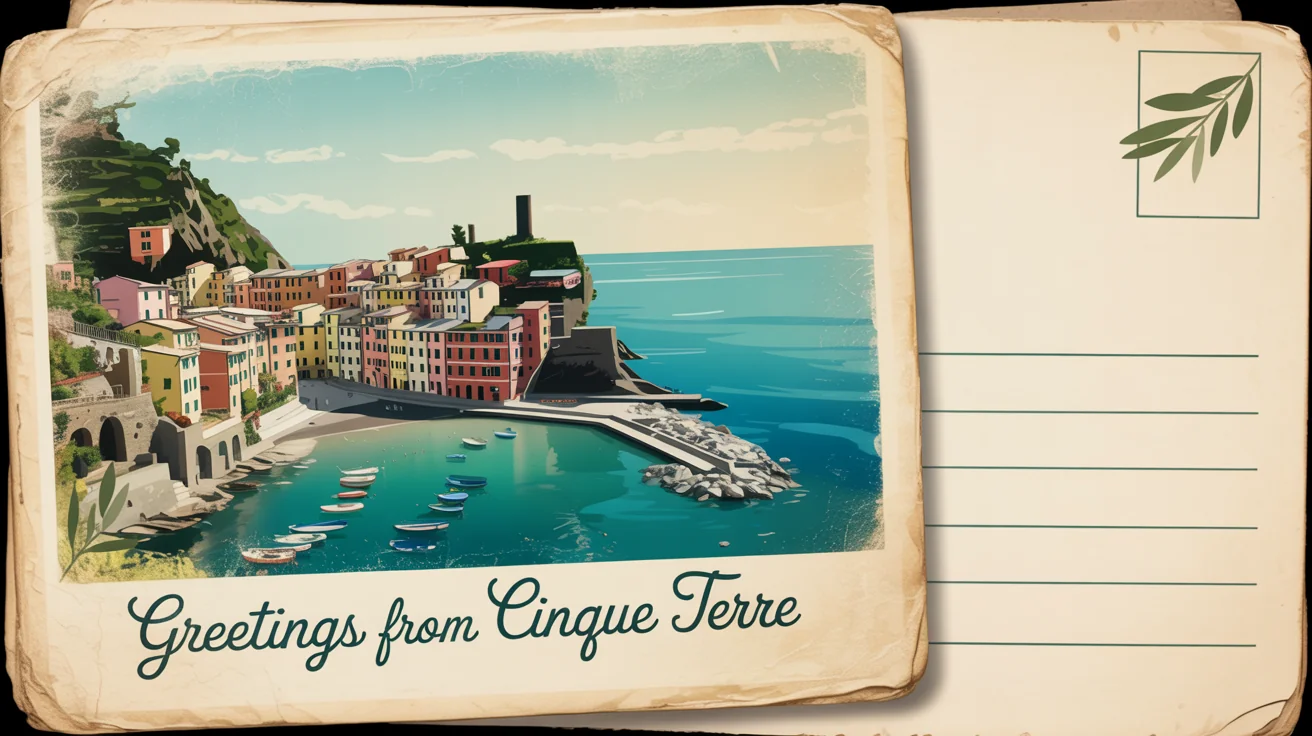 A mockup of a vintage postcard with worn edges showing a colorful Italian coastal village. The text 'Greetings from Cinque Terre' is written at the bottom. The postcard is set against a white background.