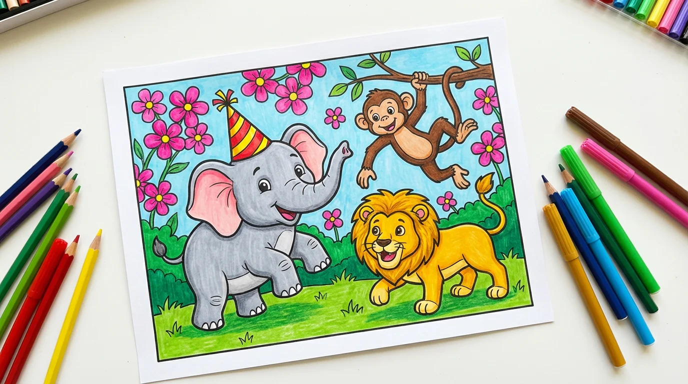 A completed and vibrantly colored-in animal coloring page showing a cartoon elephant, monkey, and lion in a playful scene, presented as a finished piece of art.
