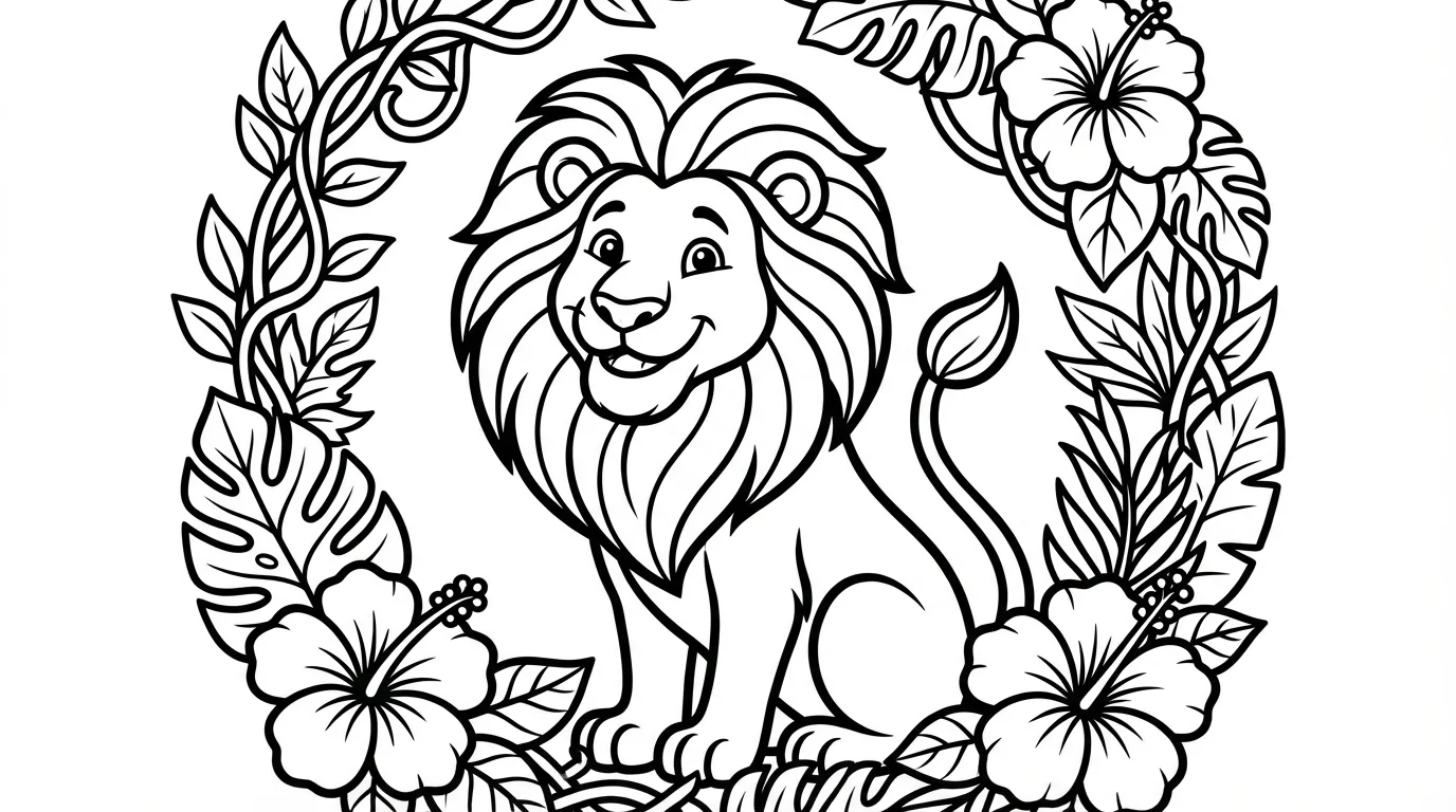 A black and white line art illustration of a friendly lion with a large mane, designed as a children's coloring page. The lion is framed by simple tropical leaves and flowers on a plain white background.