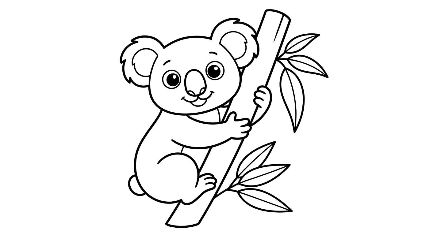 A black and white line drawing of a cute koala on a branch, designed as a children's coloring page.