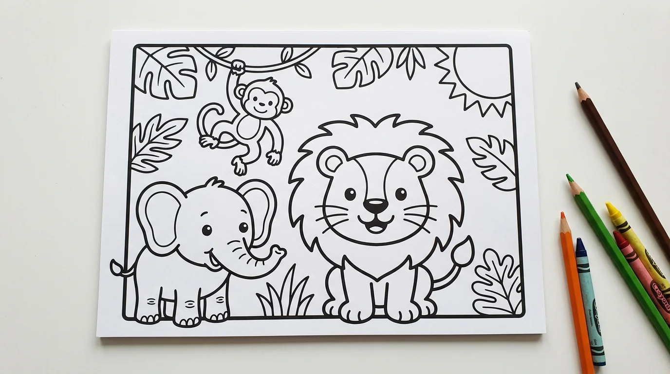 A black and white line art coloring page featuring a friendly cartoon lion, elephant, and monkey in a jungle setting on a clean white background.