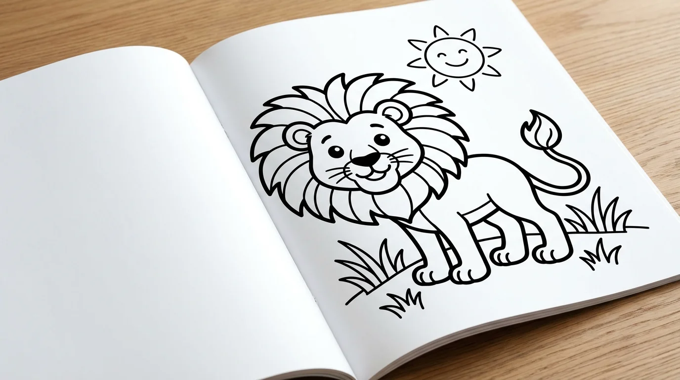 A black and white coloring page of a friendly cartoon lion with a large mane, ready to be colored in. The background is white.