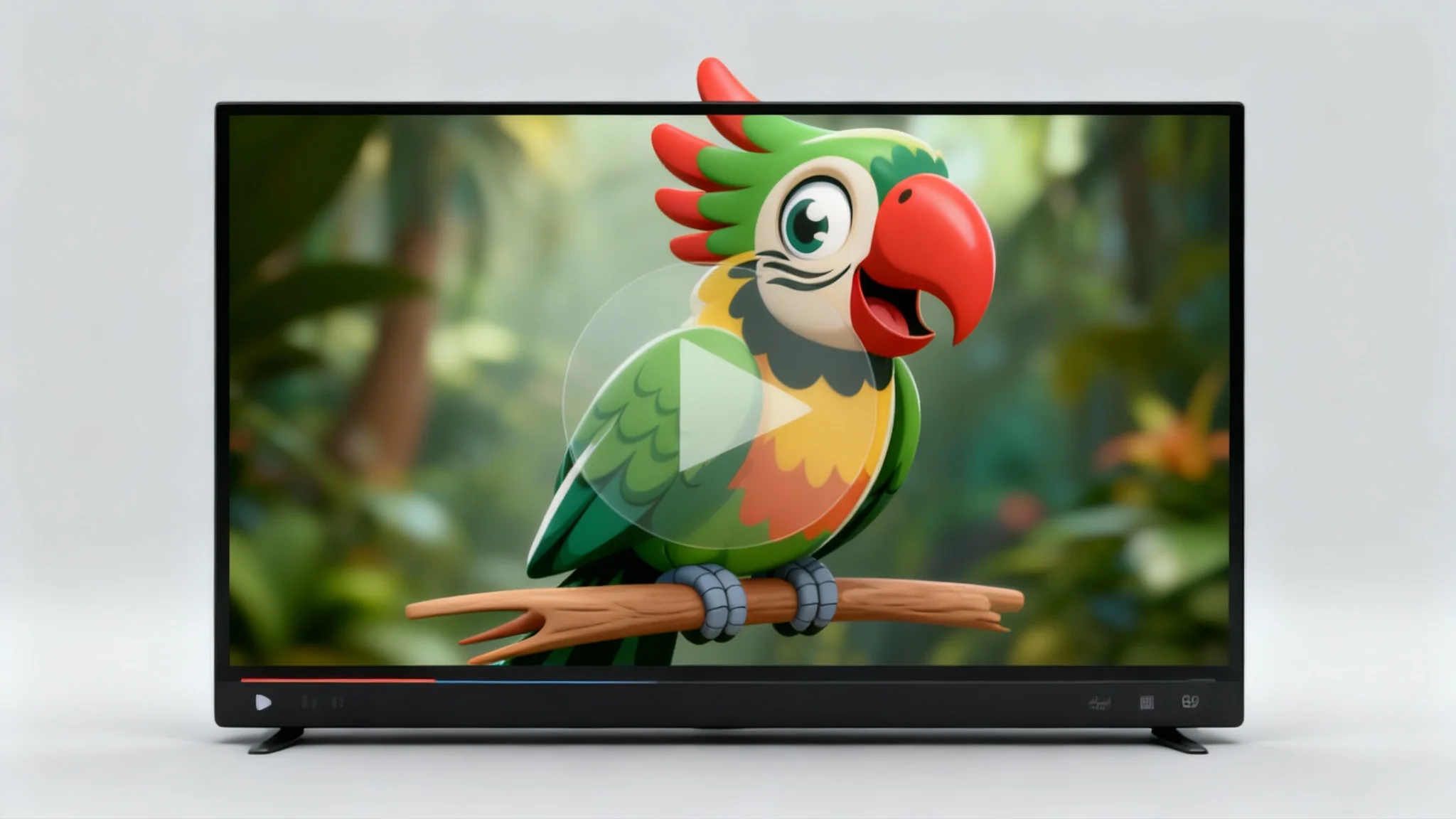 A hero image displaying the final result of an AI tool that makes characters talk. It shows a polished video player containing a still of a colorful, 3D cartoon parrot with its beak open, as if speaking.