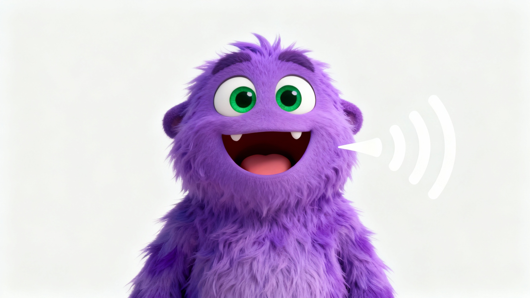 A friendly 3D animated purple monster character is shown happily talking, with white sound waves coming from its open mouth, set against a plain white background.