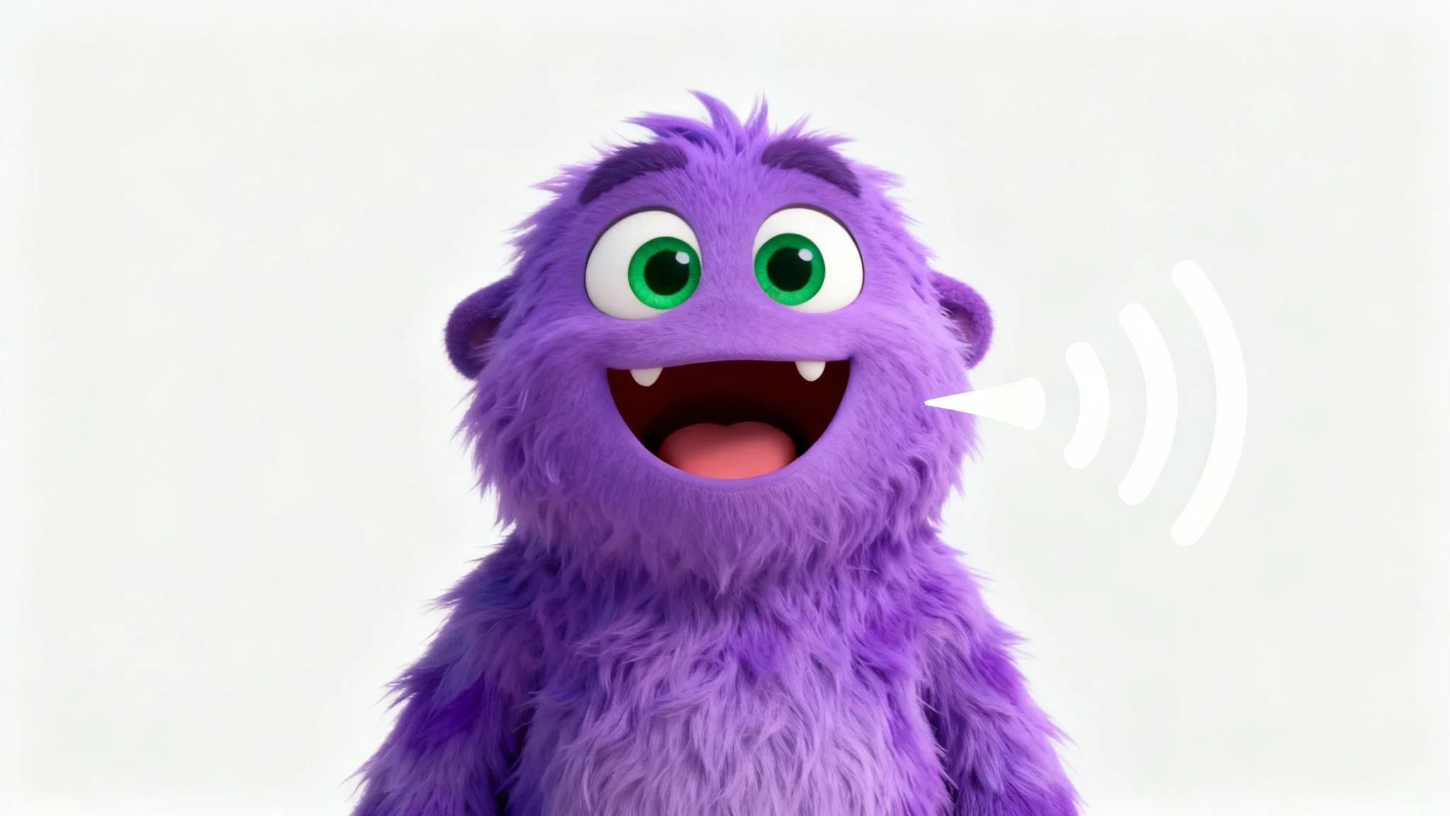 A friendly 3D animated purple monster character is shown happily talking, with white sound waves coming from its open mouth, set against a plain white background.