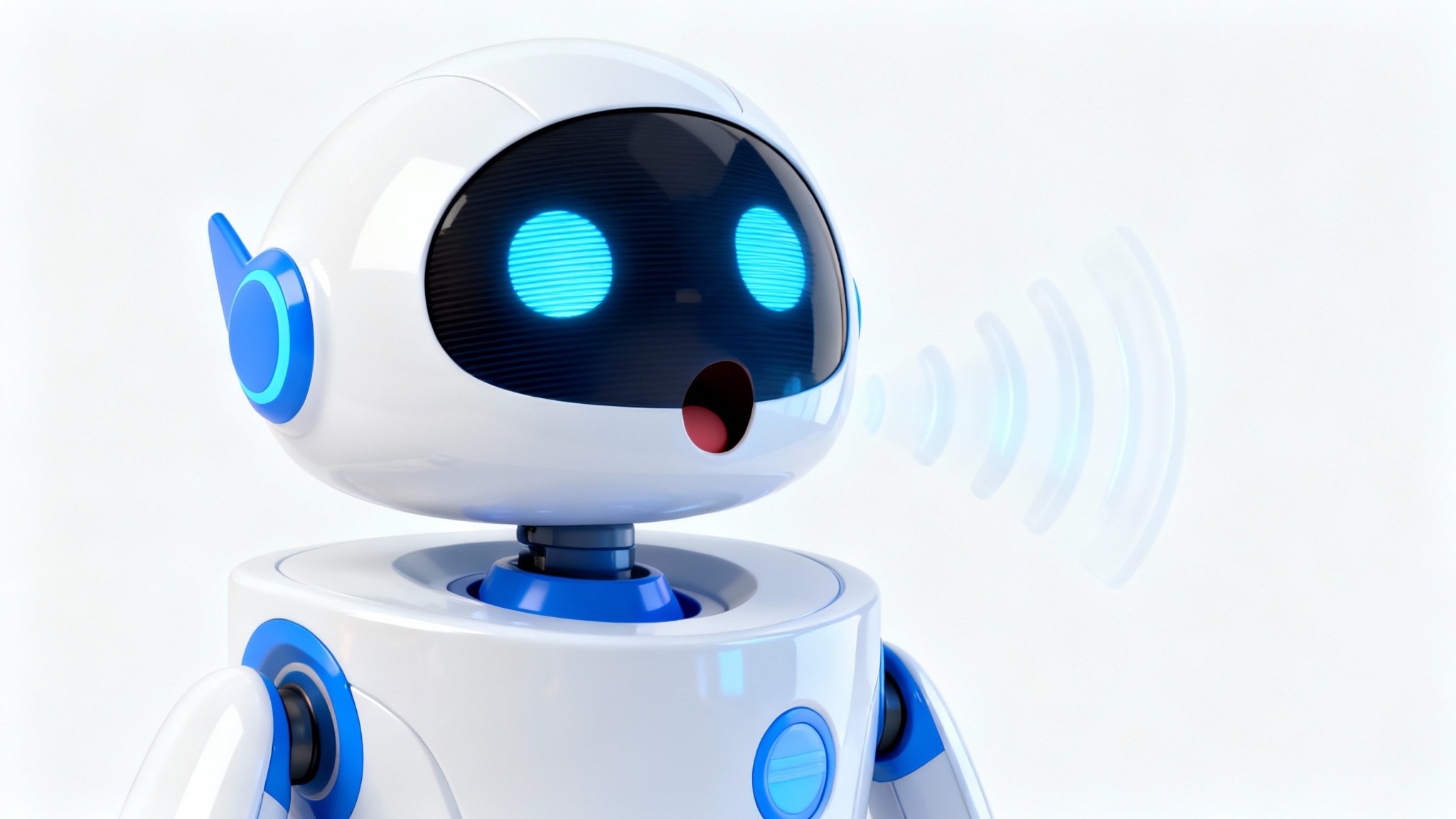 A friendly 3D cartoon robot, shown from the chest up against a white background, with its mouth open and sound waves emanating from it to signify that it is talking.