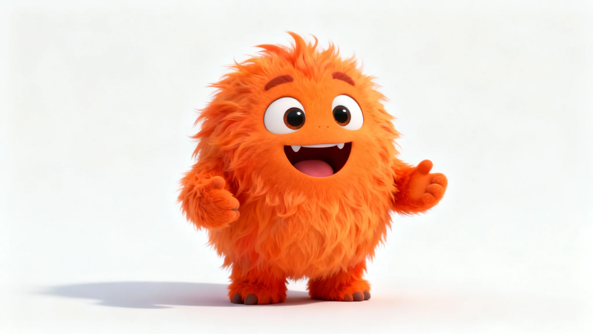 A 3D animated cute orange furry monster with its mouth open, as if it is talking, set against a plain white background.