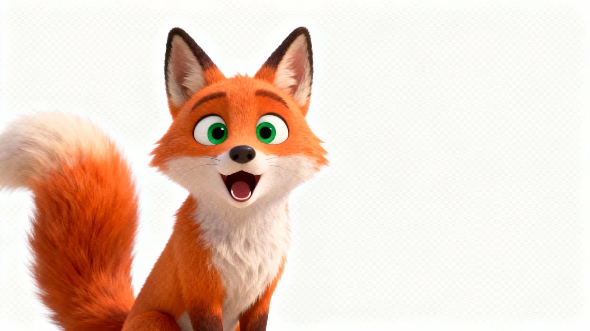 A friendly 3D animated fox character standing against a white background, with its mouth open as if it is in the middle of talking to the viewer.