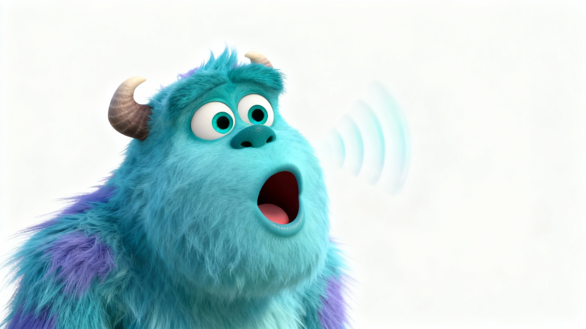 A 3D animated blue, furry monster character with big eyes, shown from the chest up against a white background. Its mouth is open as if it's talking, with visual soundwaves coming out.