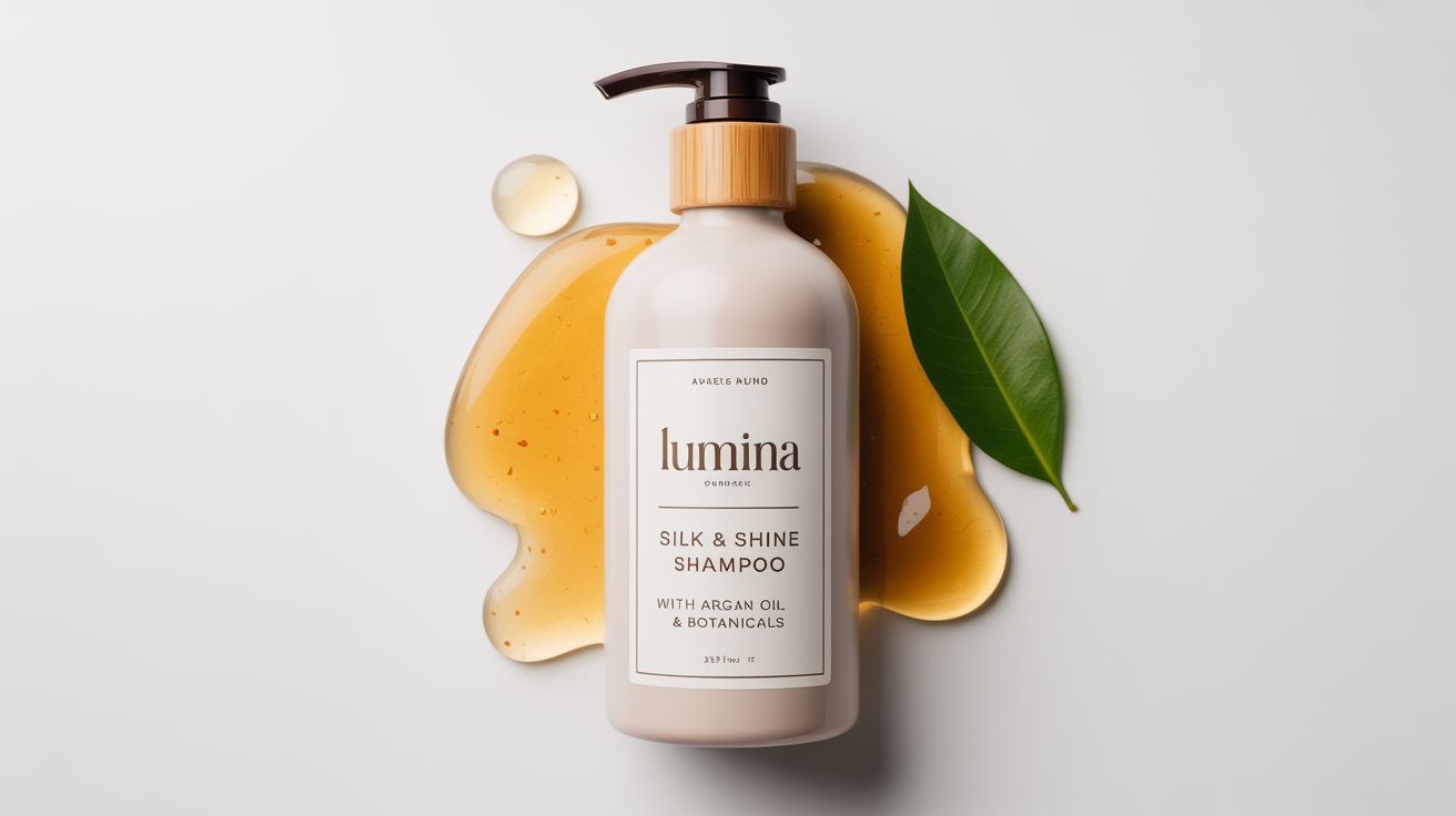 A sleek, matte white shampoo bottle with a bamboo pump, labeled 'LUMINA Silk & Shine Shampoo', shown on a clean white background with a drop of golden oil and a green leaf.