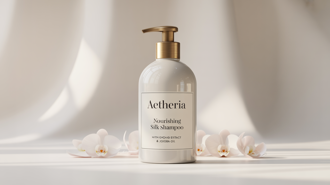 A photorealistic product mockup of a luxurious white shampoo bottle with a gold pump, featuring a label that reads 'Aetheria Nourishing Silk Shampoo'.