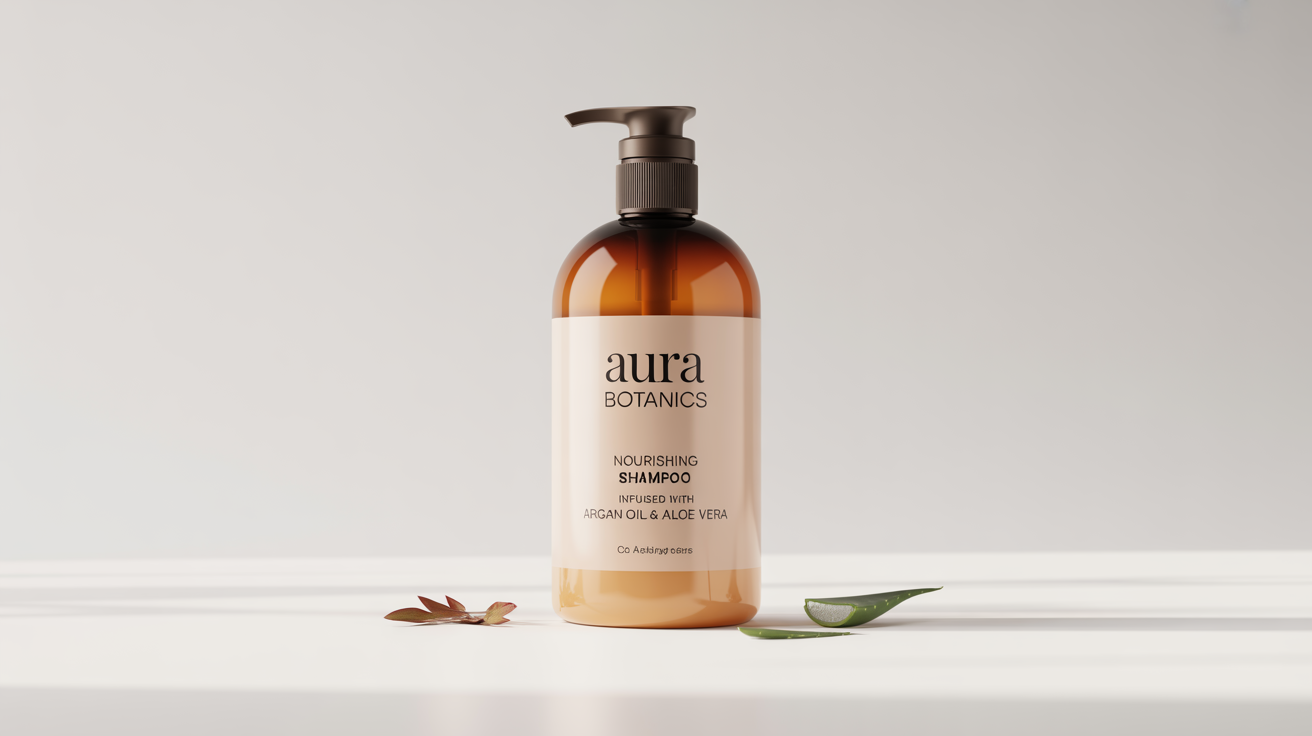 A photorealistic mockup of a modern amber-colored shampoo bottle with a black pump, set against a plain white background. The label reads 'AURA BOTANICS Nourishing Shampoo'.