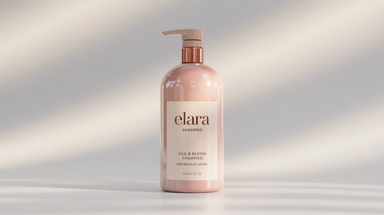 A photorealistic mockup of a sleek, pastel blush pink shampoo bottle with a rose gold pump, labeled 'Elara Silk & Bloom Shampoo', set against a clean white background.