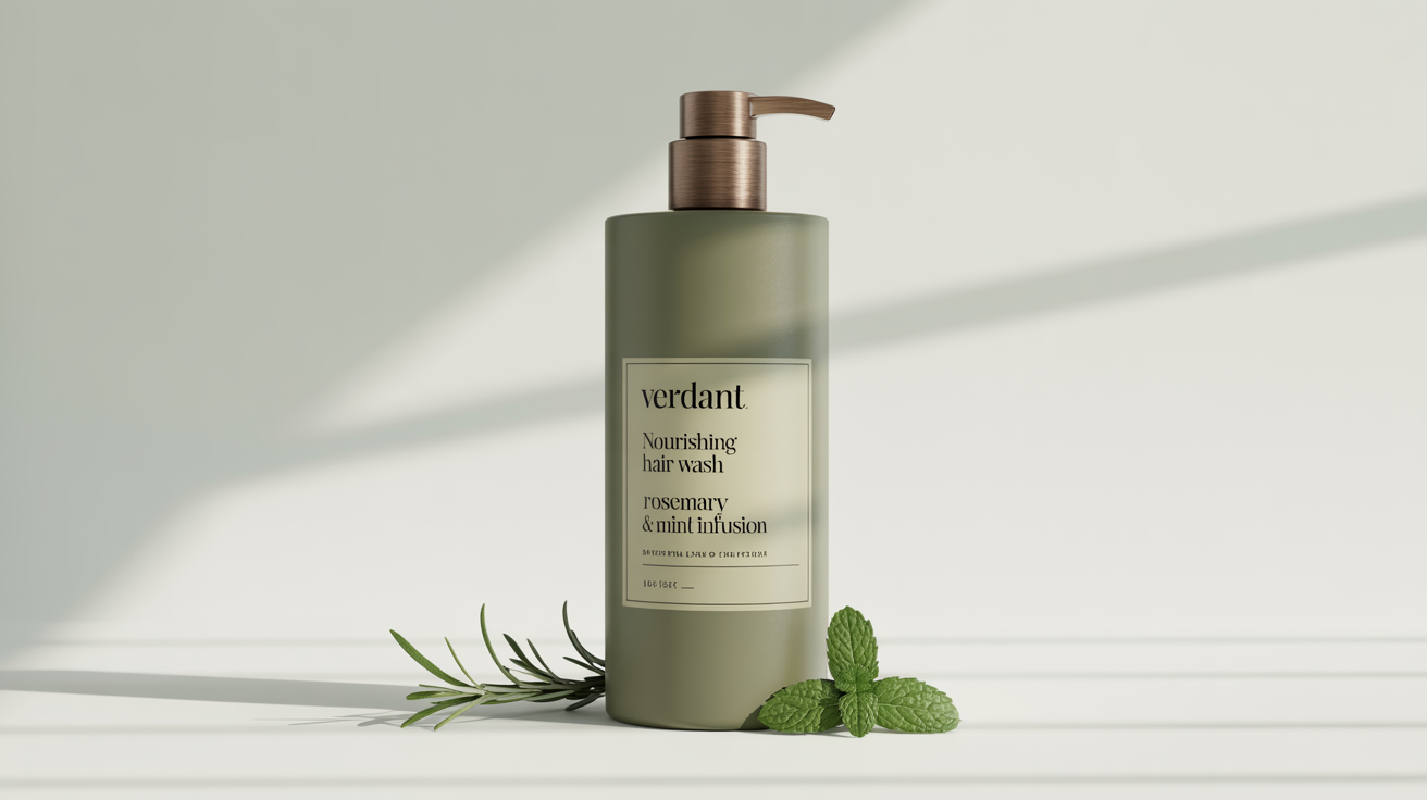A product mockup of a sage green shampoo bottle with a bronze pump, featuring a label that reads 'VERDANT Nourishing Hair Wash'. It is displayed on a white background with a sprig of rosemary and mint leaves.