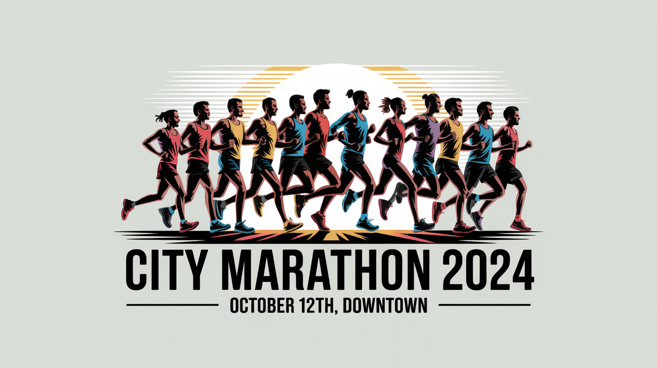 A final, professionally designed marathon poster for the 'CITY MARATHON 2024', featuring a vibrant illustration of diverse runners against a sunrise, with date and location details.