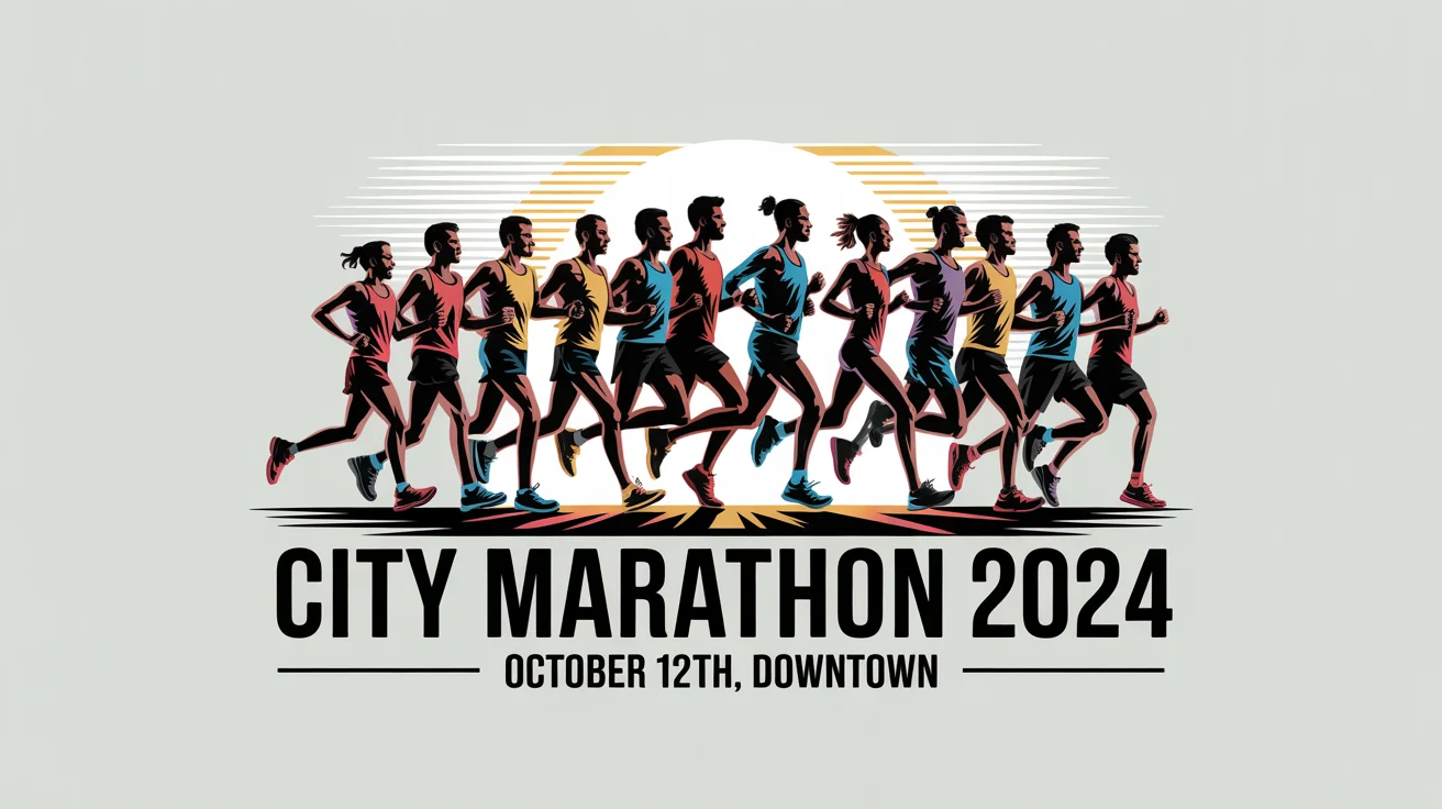 A final, professionally designed marathon poster for the 'CITY MARATHON 2024', featuring a vibrant illustration of diverse runners against a sunrise, with date and location details.