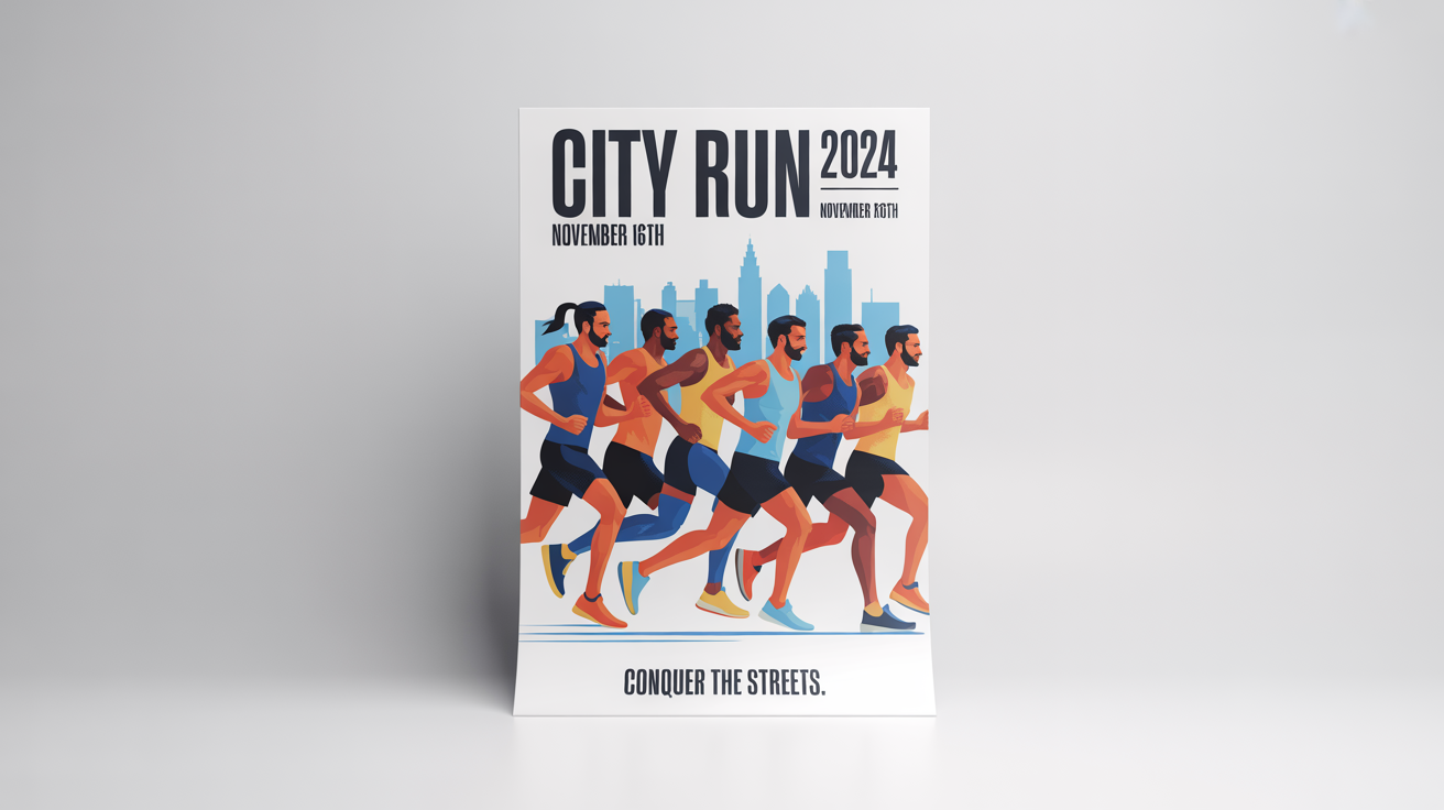 A modern and vibrant marathon poster mockup for 'CITY RUN 2024' on a white background, featuring a graphic illustration of runners and event details.