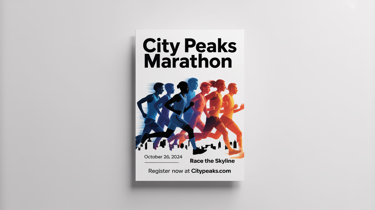 A modern marathon poster mockup for the 'City Peaks Marathon' on October 26, 2024. The design features dynamic graphics of runners and a city skyline in blue, orange, and yellow.