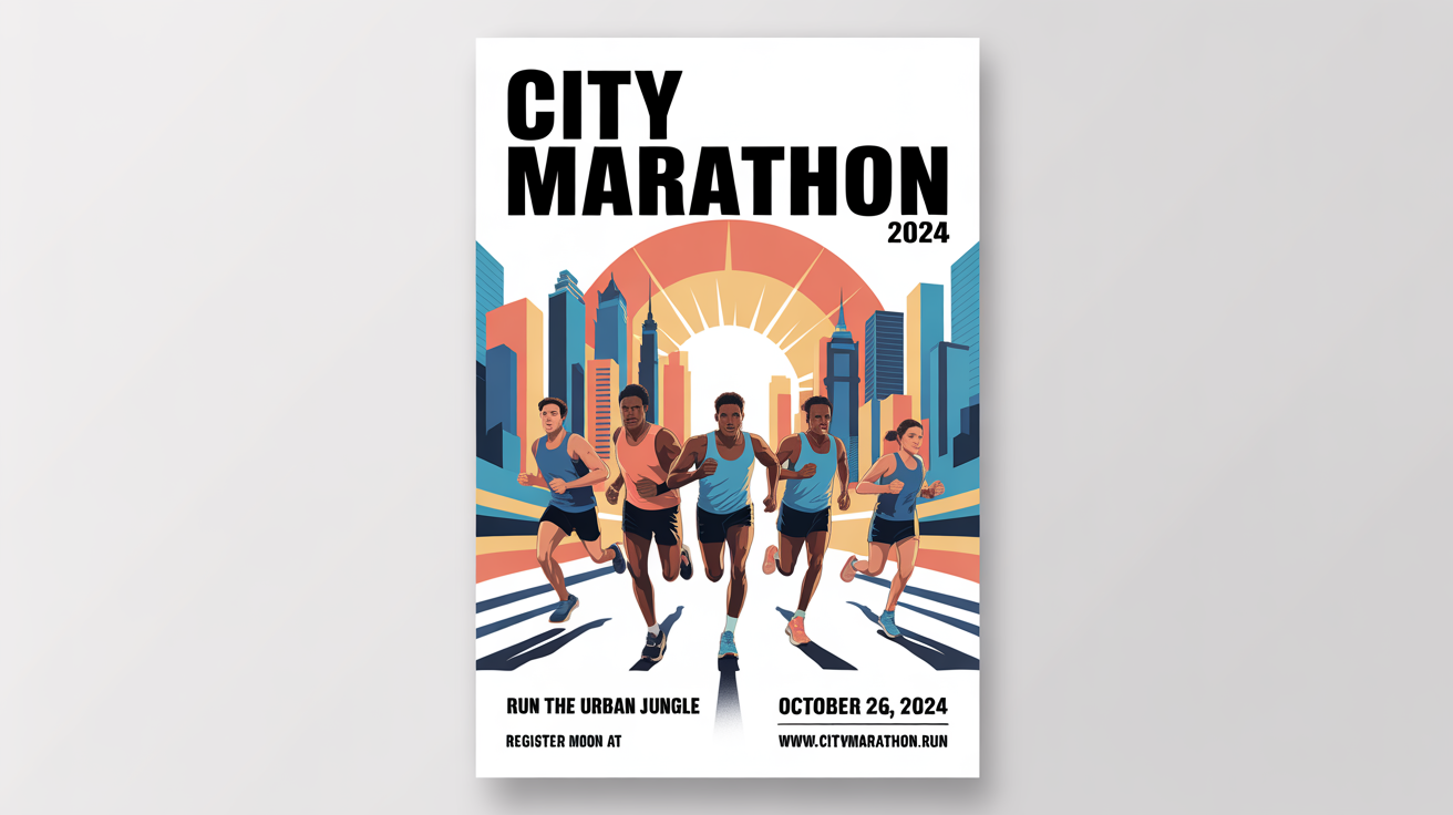 A mockup of a modern marathon poster for the 'City Marathon 2024', featuring stylized runners against a city skyline at sunrise.