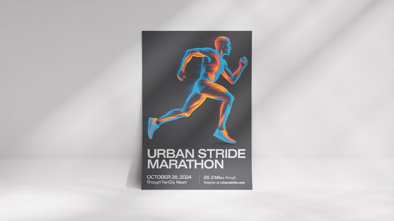 A professionally designed marathon poster mockup against a plain white background. The poster features dynamic graphics of a runner and includes fictional event details like 'URBAN STRIDE MARATHON' and the date.