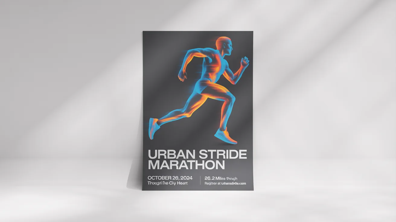 A professionally designed marathon poster mockup against a plain white background. The poster features dynamic graphics of a runner and includes fictional event details like 'URBAN STRIDE MARATHON' and the date.