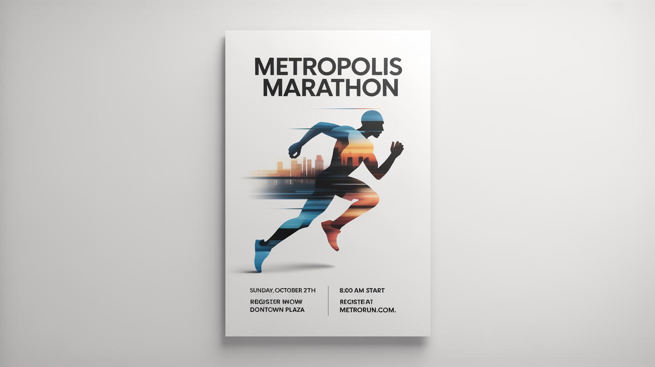 A modern mockup of a marathon poster for the 'Metropolis Marathon' on a white background. The poster features a stylized runner, bold typography, and event details like the date and location.