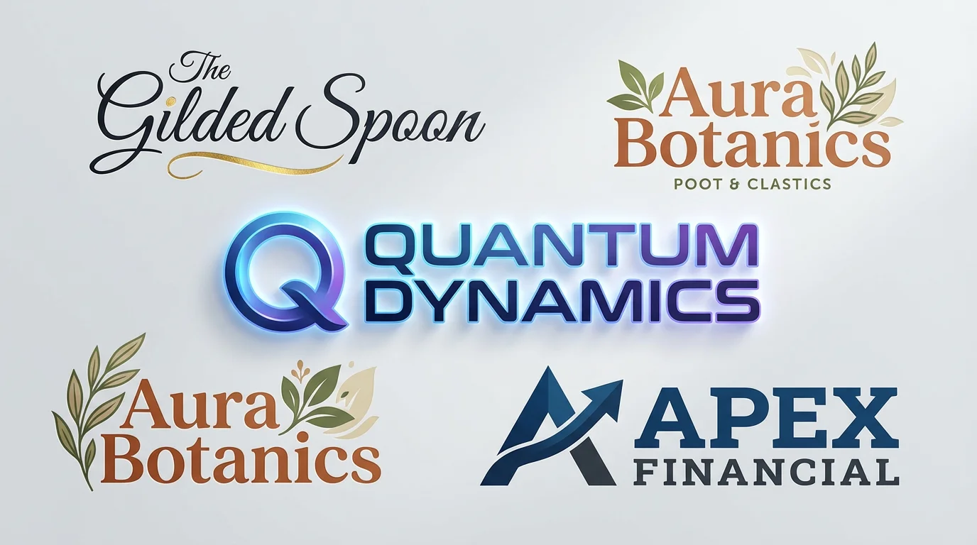 A collection of professionally designed logos for various fictional brands, showcasing a variety of font styles from modern sans-serif to elegant script. The logos are arranged against a clean, light gray background, representing the final output of a logo font editor.