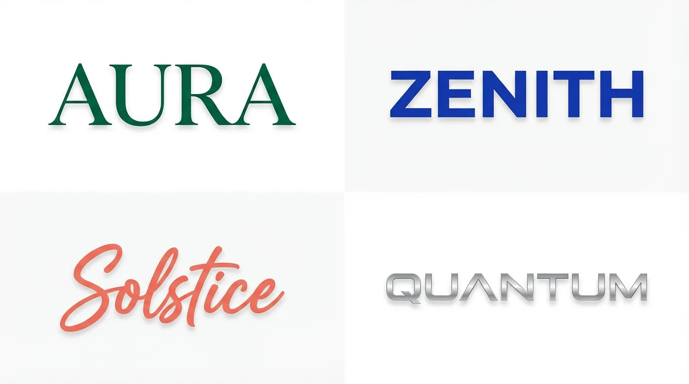 A clean mockup displaying four different fictional brand logos on a white background, each demonstrating a unique font style: a serif font for 'AURA', a sans-serif for 'ZENITH', a script for 'Solstice', and a futuristic font for 'QUANTUM'.